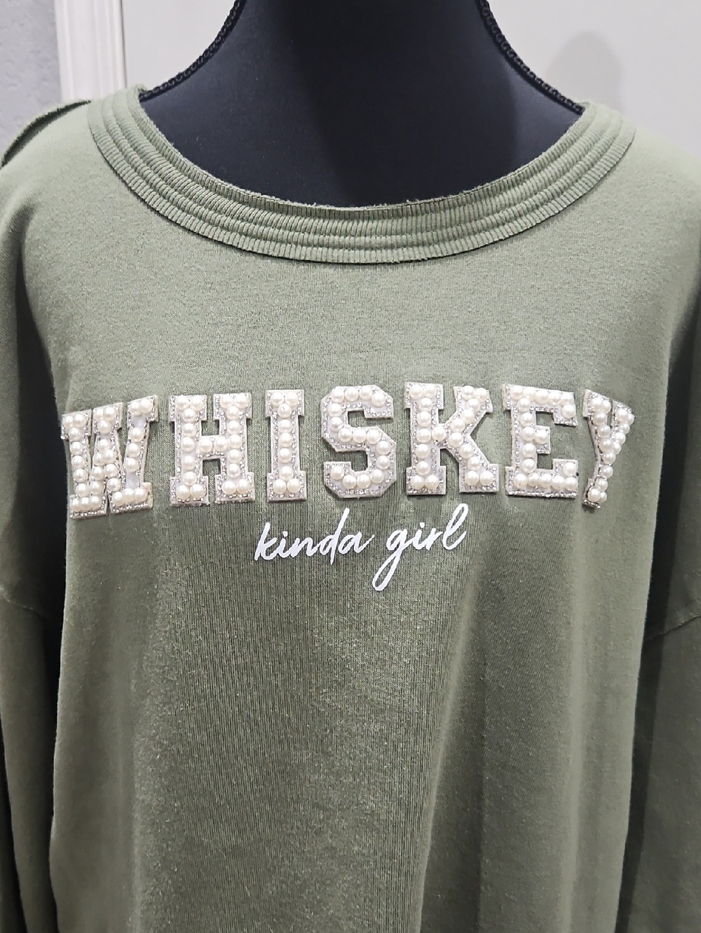 Embellished 'WHISKEY' Olive Crewneck Sweatshirt